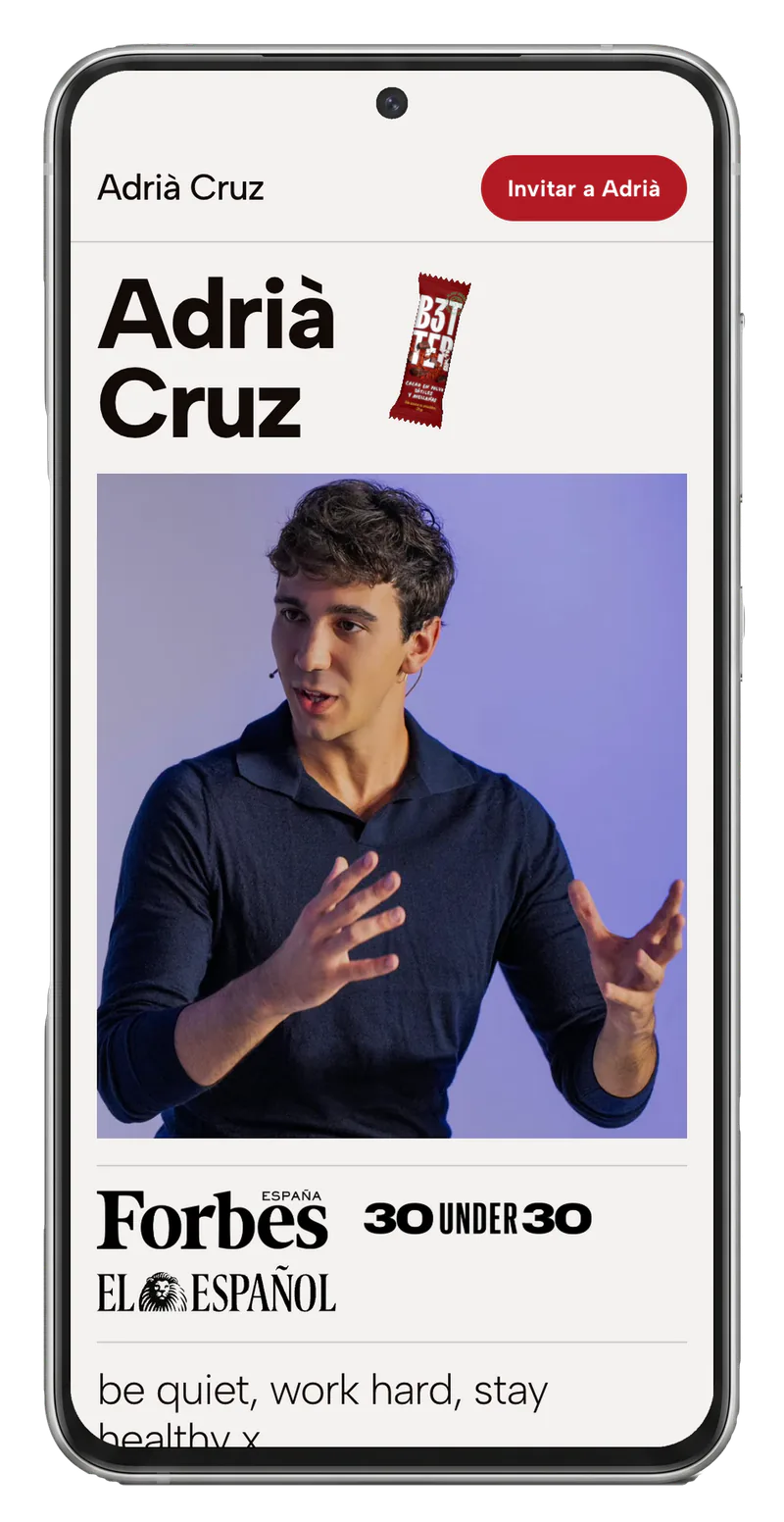 La web de Adrià Cruz, cofundador de B3TTER Foods, abierta en un móvil.